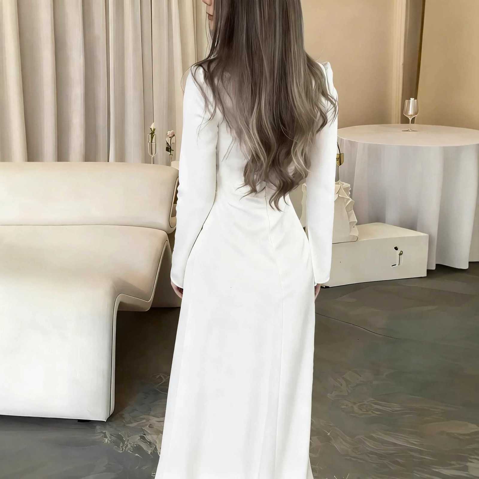 Square collar long sleeved new dress high waist solid color fashionable dress pleated slim fit high waist casual long dressT260314