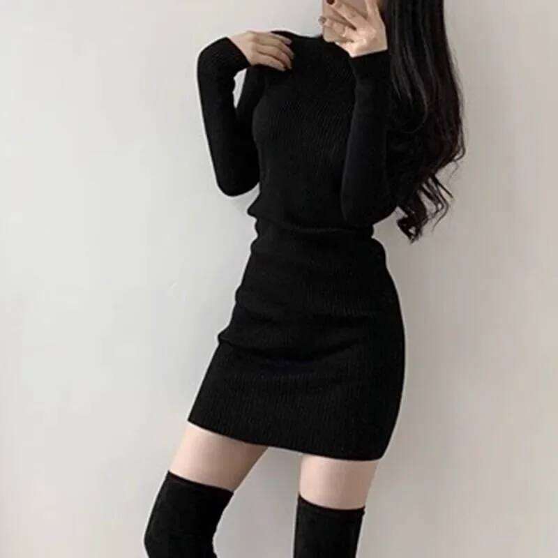 Smvp 2024 Autumn Winter New Sexy Slim Thick Basic Bottoming Dress Women Turtleneck Sweater Skirt Lady Solid Color Bag Hip Skirts Z260313