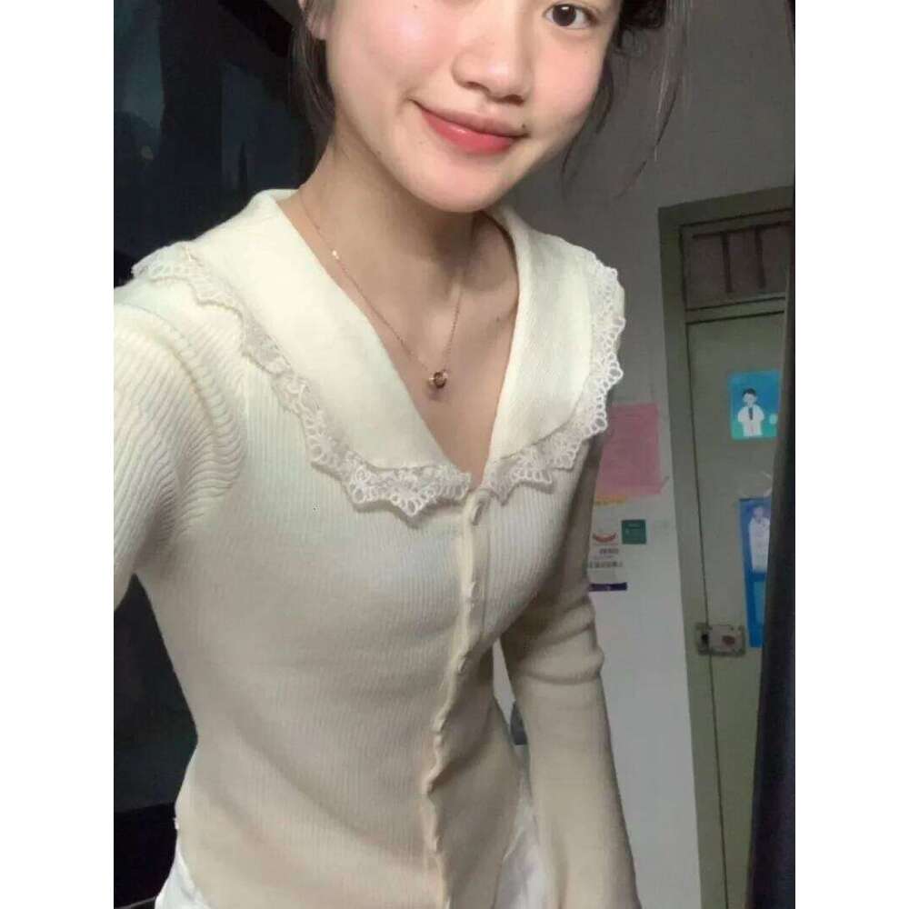 Cardigan Women Peter Pan Collar Korean Fashion Knitted Lace Patchwork All-match Inner Autumn Daily Cozy Temperament Top Ulzzang Z260313