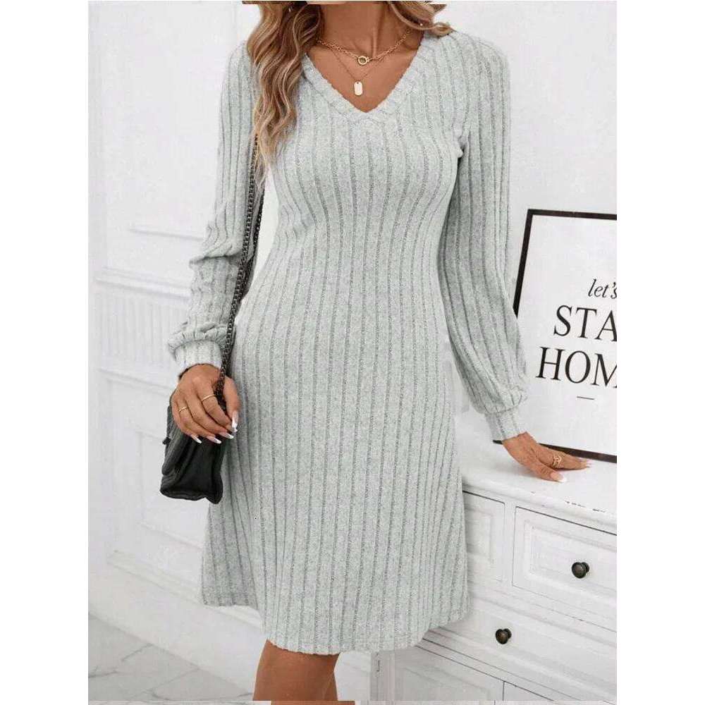 Solid Color Long Sleeve Knitted Ribbed Women Mini Dress Winter Warm V-neck Pit Stripe Dresses Casual Party Vacation New Clothes Z260313