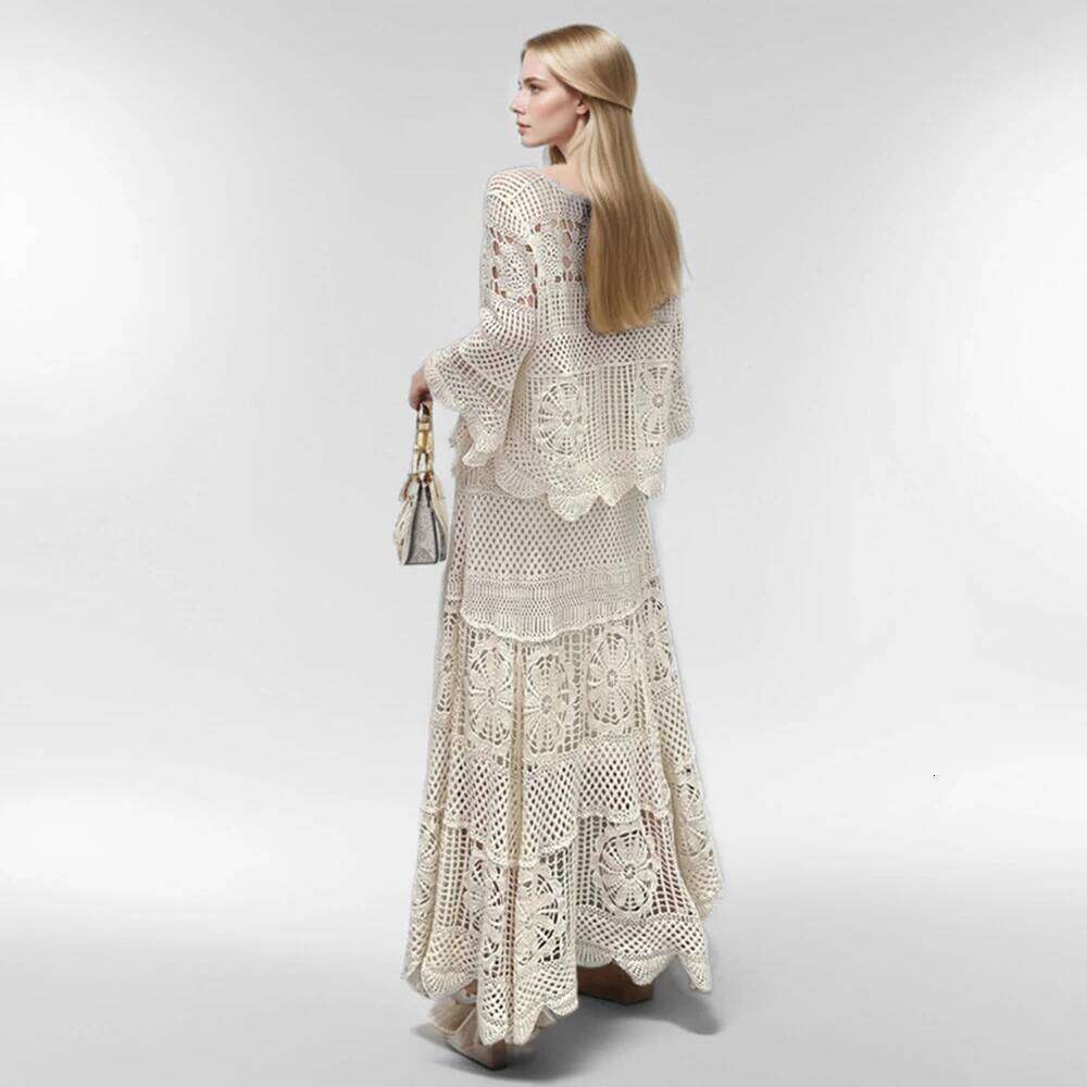 Casual Knitted Piece Set Women Hollowed Out Jacquard Spring Summer O Neck Flare Sleeved Pullover Elastic Skirt Beach Clothing MAKOUFEI