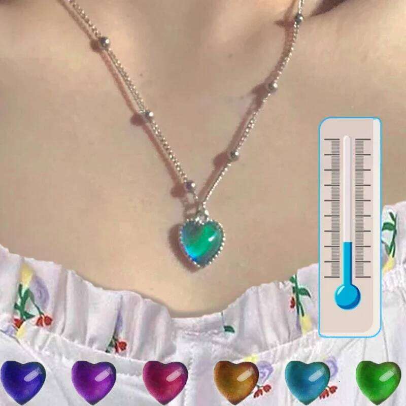 Discoloration Necklace Color Change Heart Pendant Chain for Women Temperature Sensitive Stone Peach Choker Jewelry H260312
