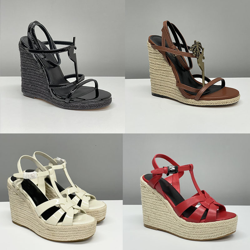 designer sandals heels espadrilles wedge shoes leather heel wedding dress shoes women black 10.5 cm heel adjustable buckle no box 325