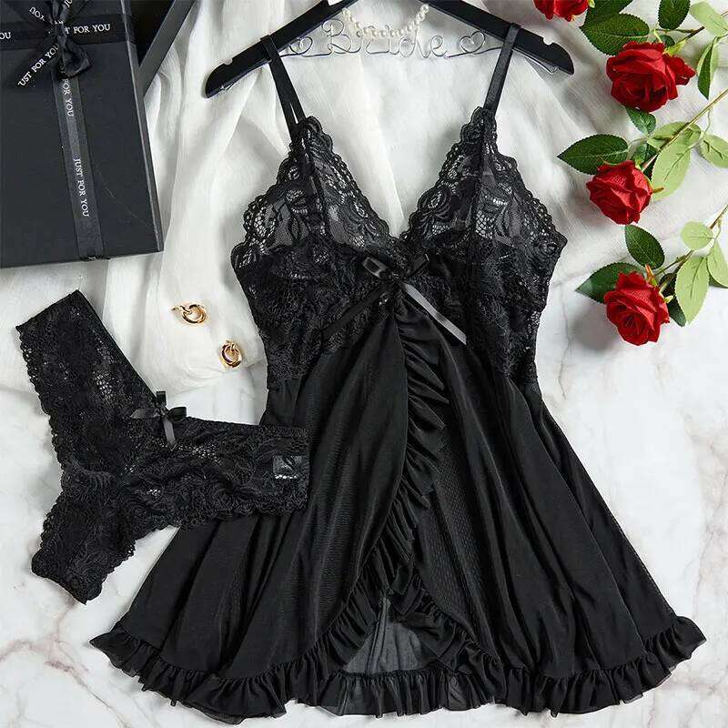 Tulle Suspenders Exquisite Women's Lencerias Lace V-Neck Underwear Semi-transparent Thong Dress Set Females Lingerie Nightgowns
