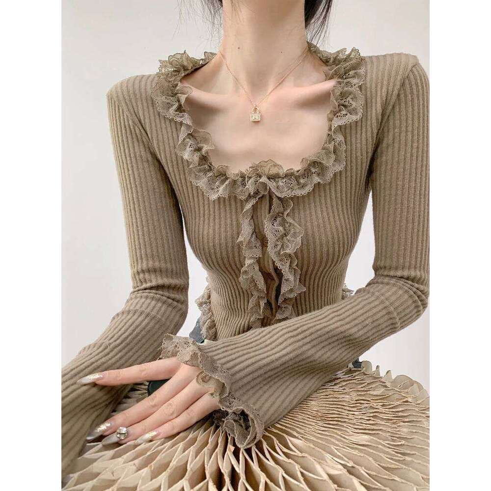 2025 Square Collar Lace Edge Splicing Long Sleeve Knitted Sweater Women's Retro Short Style Slim Tops Single-breasted Cardigan Z260313