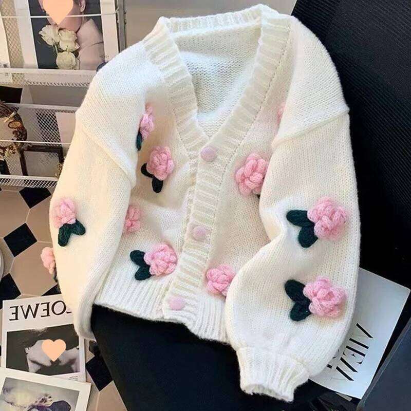 New 3D Flower Women Sweet Cute Korean All-Match V-Neck Sweater Coat Autumn Winter Gentle Style Knitted Cardigan Z260313