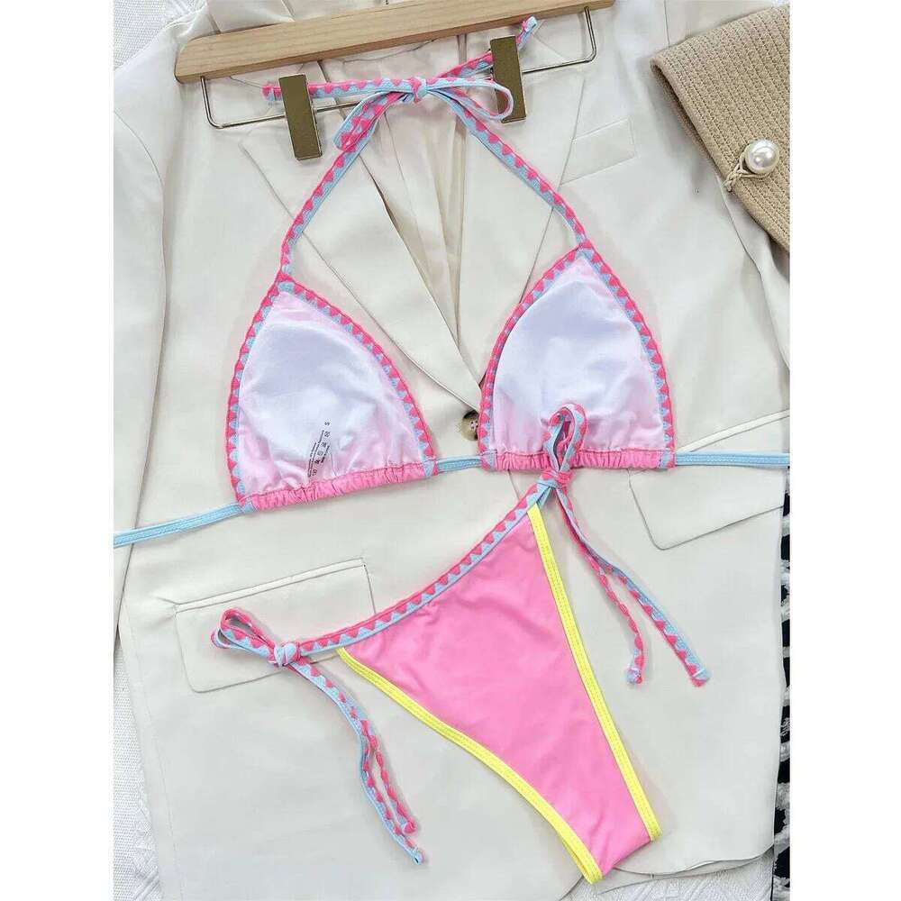 Sexy Triangle Bikini 2024 Women Two-Piece Pink Suspender Halter Push Up Micro Swimsuit Bathing Suit Thong Swimwear Y184 Y260303