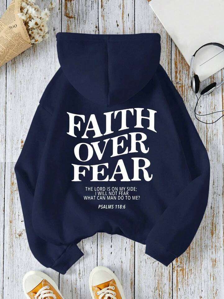 Casual Women's Hoodies Faith Over Fear Letter Printing Sweatshirts Fleece Warm Comfortable Pocket Pullovers Autumn Streetwear Z260315
