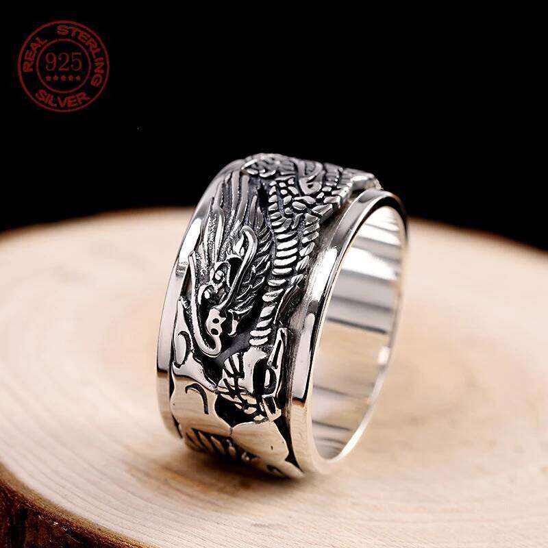 Handmade 12mm Width Real S925 Sterling Silver Lucky Double Layer Rotatable Closed Dragon Ring For Man Woman Fine Jewelry H260312