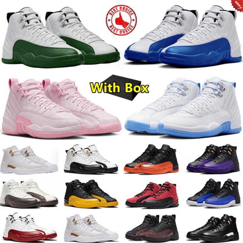 With Box 12 12s mens basketball shoes Hyper Royal Pearl Pink Bucks Reverse Flu Game Blueberry Cherry Bloodline Black Wolf Grey men women trainers sports sneakers