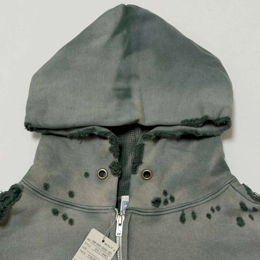 Washed Green SAINT Hole Hoodie Men Women High Quality Heavy Fabric Cardigan Hooded Pullover Z260314
