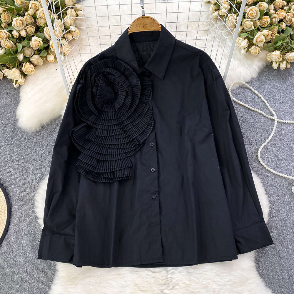 a23 2026 Spring and Autumn Fashion Long Sleeve Sweet Ruffle Edge Splicing Three Dimensional Large Flower Loose Women's Casual Shirt