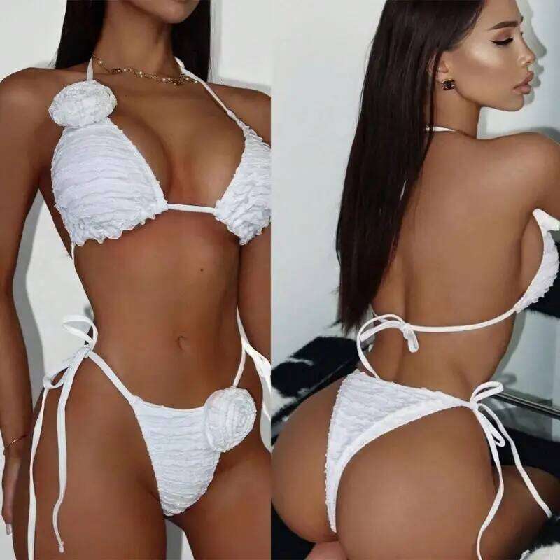 X9FF Women Two Piece Triangular Swimsuit Set Flower Halterneck Thong Swimming Costume Y260303