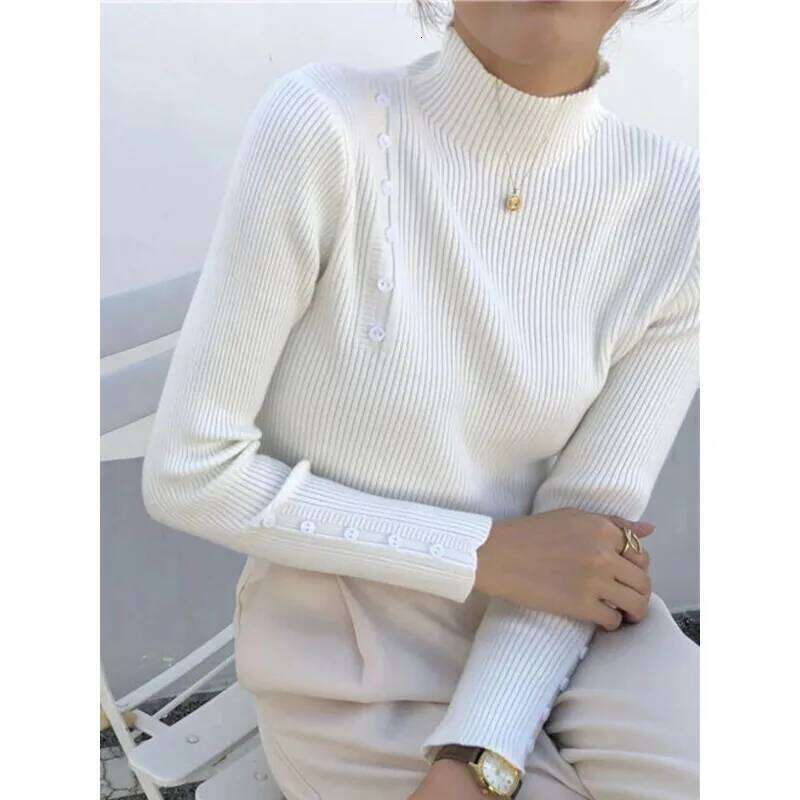 Women Knitted Sweater Long Sleeve Button Turtleneck Slim Pullovers for Autumn Winter Female Sweaters Soft Warm Bottoming Tops Z260314