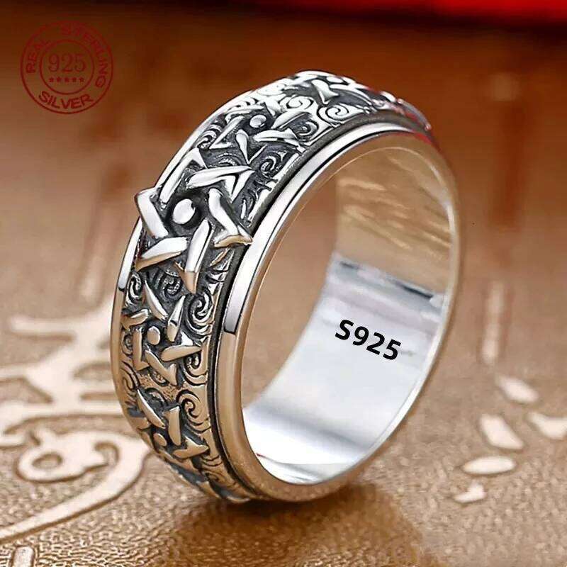 Rotatable S925 Sterling Silver Ring for Men Vintage Retro Stars Auspicious Cloud Couple Band Women Index Finger Accessories H260312