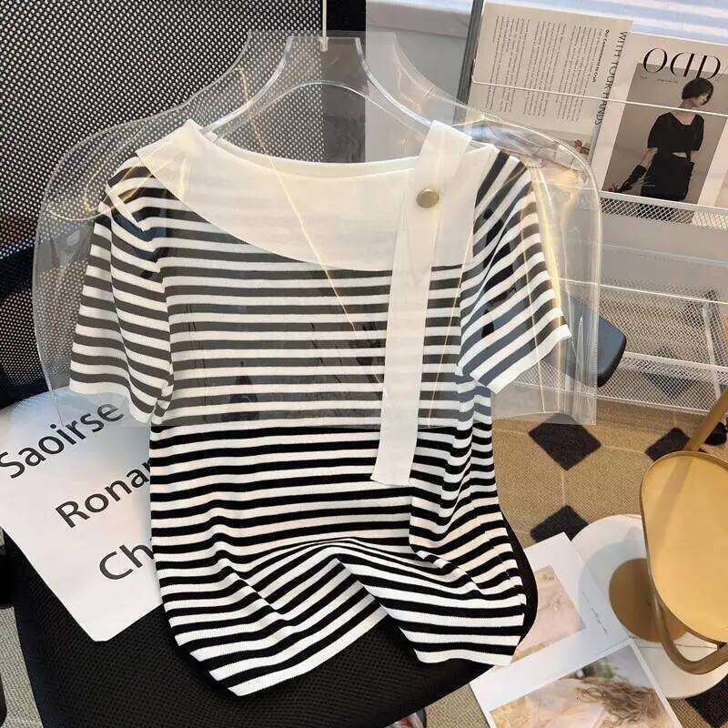 Summer Sexy Sweater Women Knit T-shirt Tops Fashion Striped Elegant Stylish Chic Tees Pullover Short Sleeve Jumpers 2024 Z260313