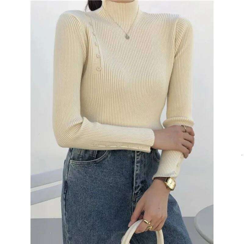 Women Knitted Sweater Long Sleeve Button Turtleneck Slim Pullovers for Autumn Winter Female Sweaters Soft Warm Bottoming Tops Z260314