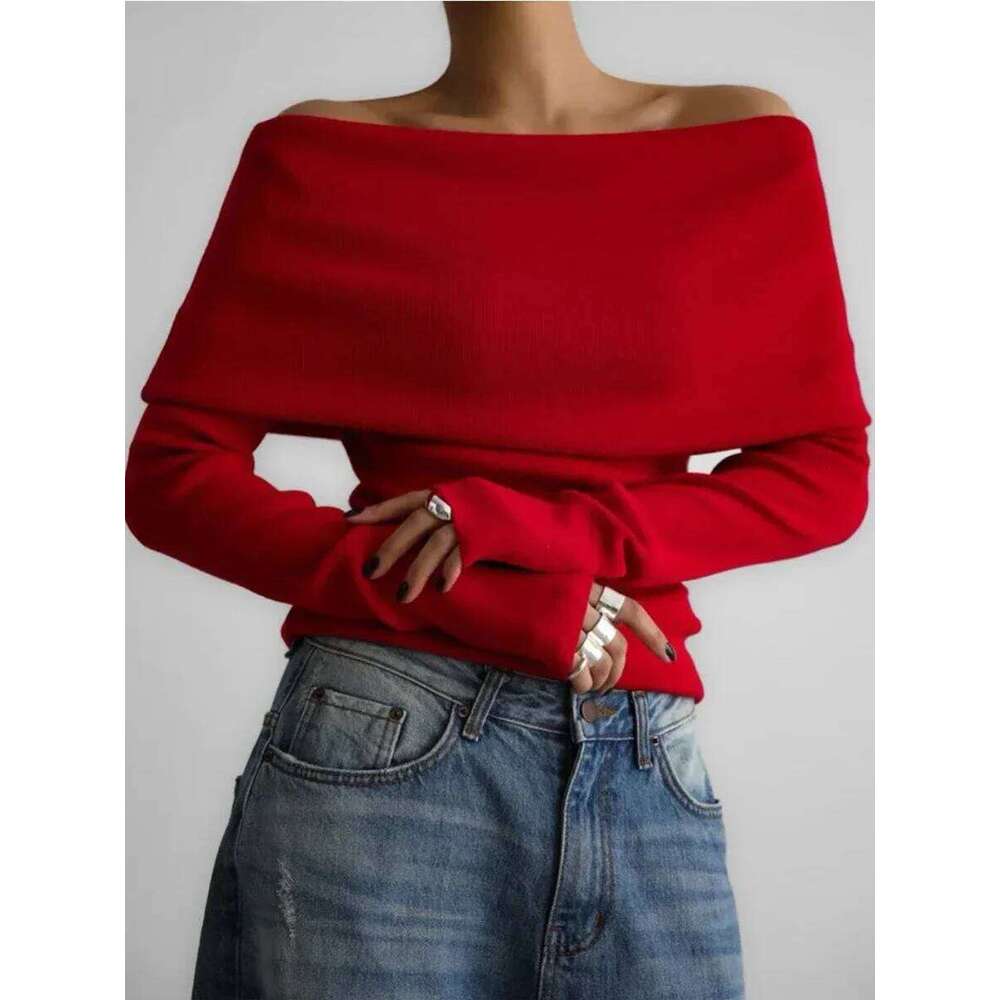 Wolfeel Women's Long Sleeved Knitted Base Shirt Autumn Winter Office Lady Sweater One Sexy Slim Fit Off Shoulder Top Z260313