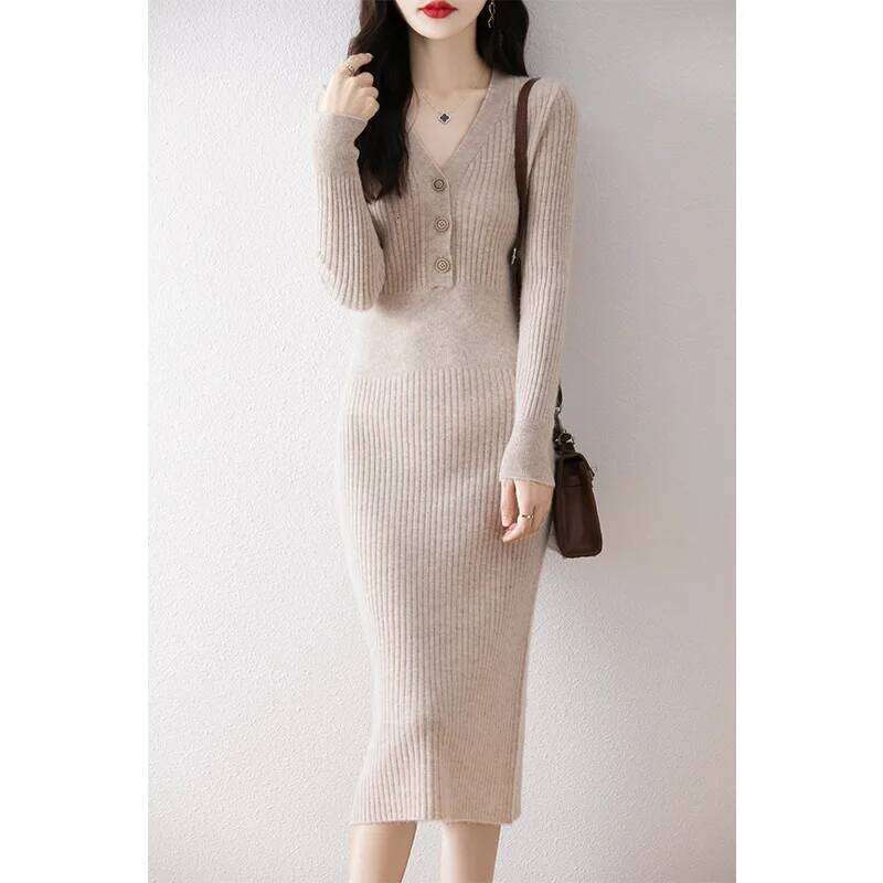 Women 100% Merino Wool Mid-Length Sweater Autumn Winter V-neck with Buttons Pullover Bottoming Knitwear Lady Slim Dress Z260314