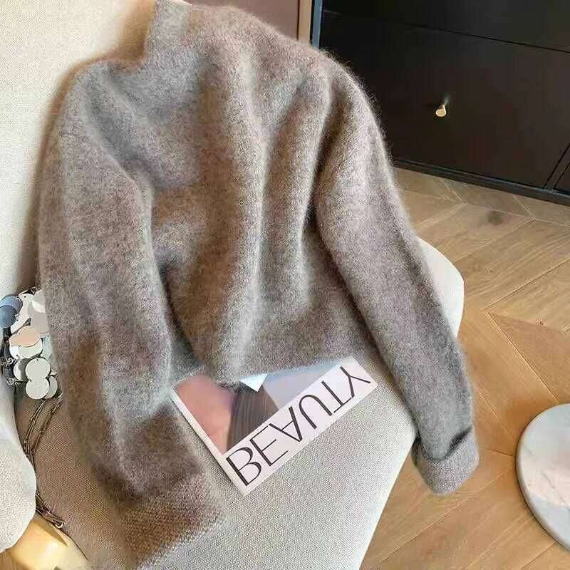 Grey Vintage Sweater Cardigans For Women Autumn New High Collar Double Breasted Knitted Coats Simple Elegant Female Knitwear Top Z260313