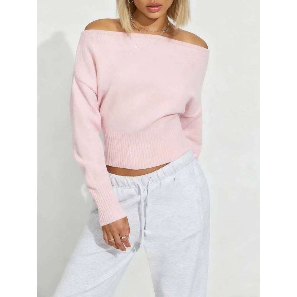 Autumn Winter New Solid Off-Shoulder Sweater Slash Neck Long Sleeve Knitted Pullovers Fashionable Commuting Versatile Short Top Z260313