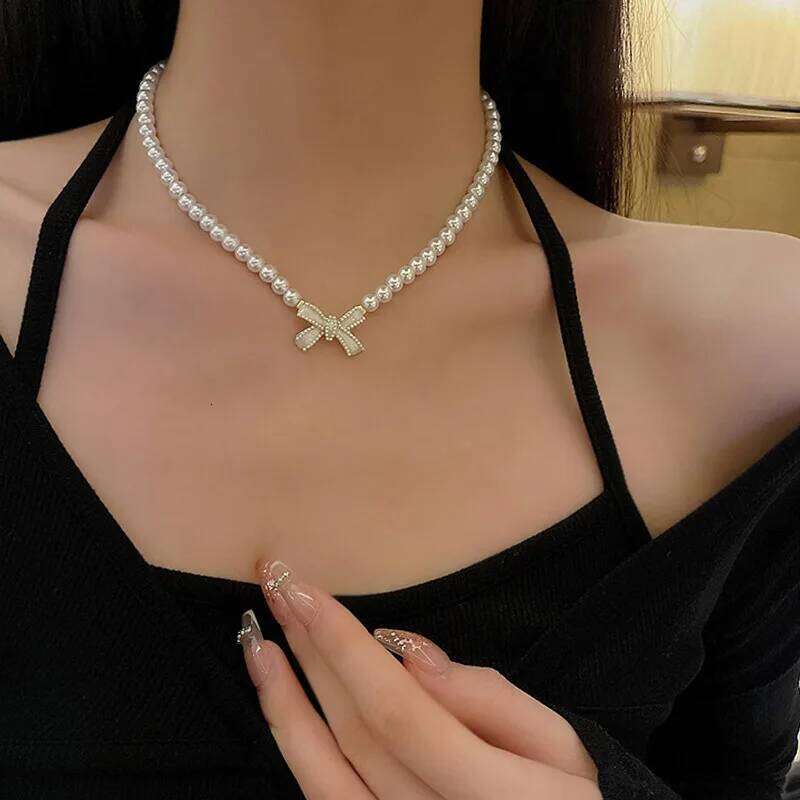 Trend Wedding Party Jewelry Bow Pendant Choker Necklace For Women Elegant White Imitation Pearl Chain Necklaces X0201 H260312