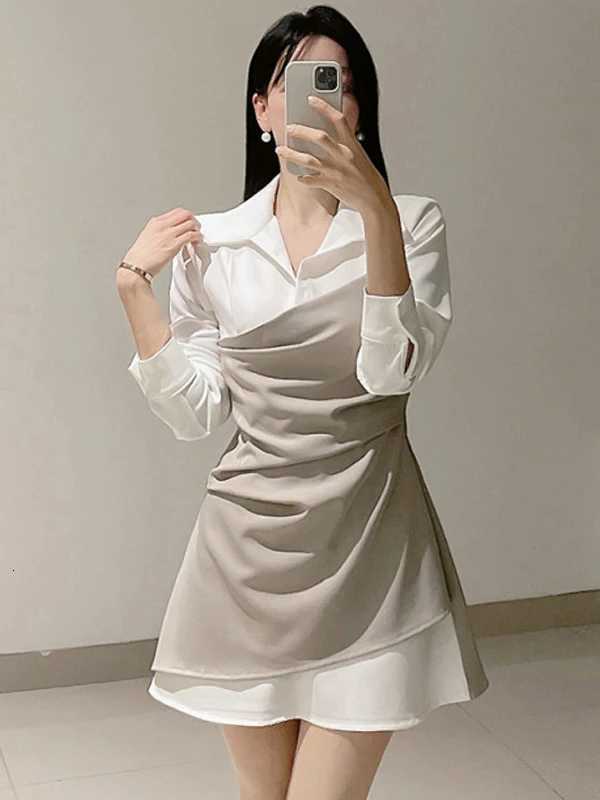 Design Sensation ort Splice Womens Dr Slimming High Waist Korean Sle Commute Long Sve irt Collar Ci WearT260314