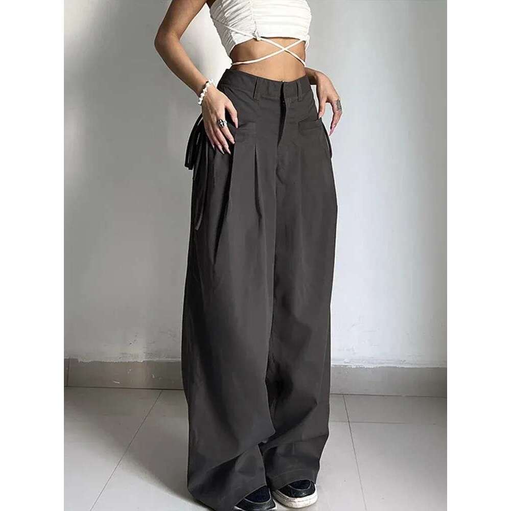 Women's Pants Shirring Casual Wide Leg Women High Waist Street Basic Loose Sweat Trousers Korean Retro Gray Office Y2K Lady Z260314