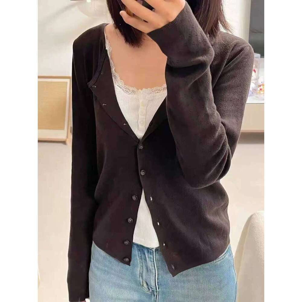 Brown Eyelet Knitted Cardigan Women Autumn New Casual Cotton Long Sleeve Sweater Coat Female Vintage Simple Basic Sweaters Tops Z260314