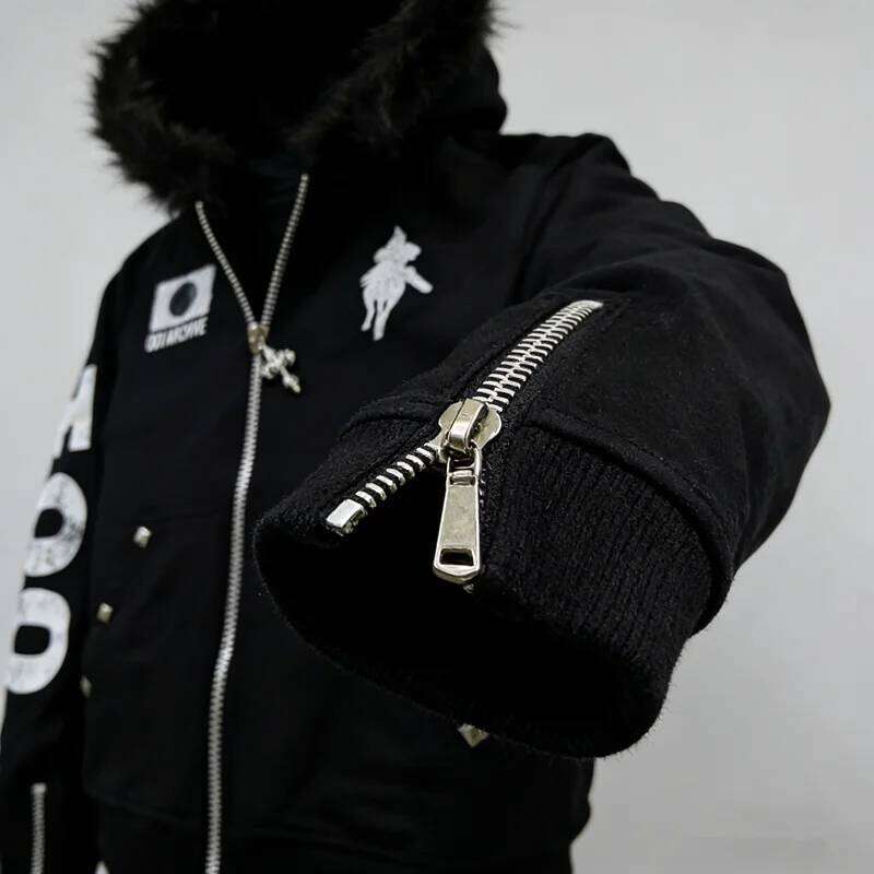 American Retro Rock Gothic Graphic Fur Collar Loose Zipper Sweatshirt Men Y2K New Harajuku Punk Casual Joker Hoodie Streetwear Z260315