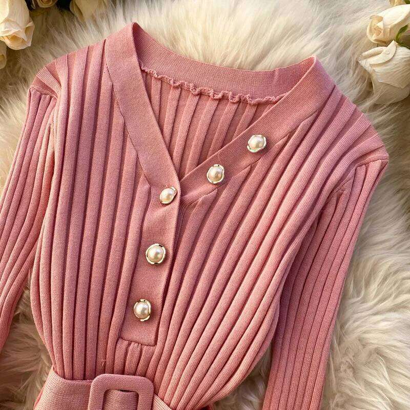 REALEFT Autumn Winter 2025 New Women's Knitted Dresses Sashes Buttons V-Neck Long Sleeve Elegant Bodycon Wrap Dress Female Z260313