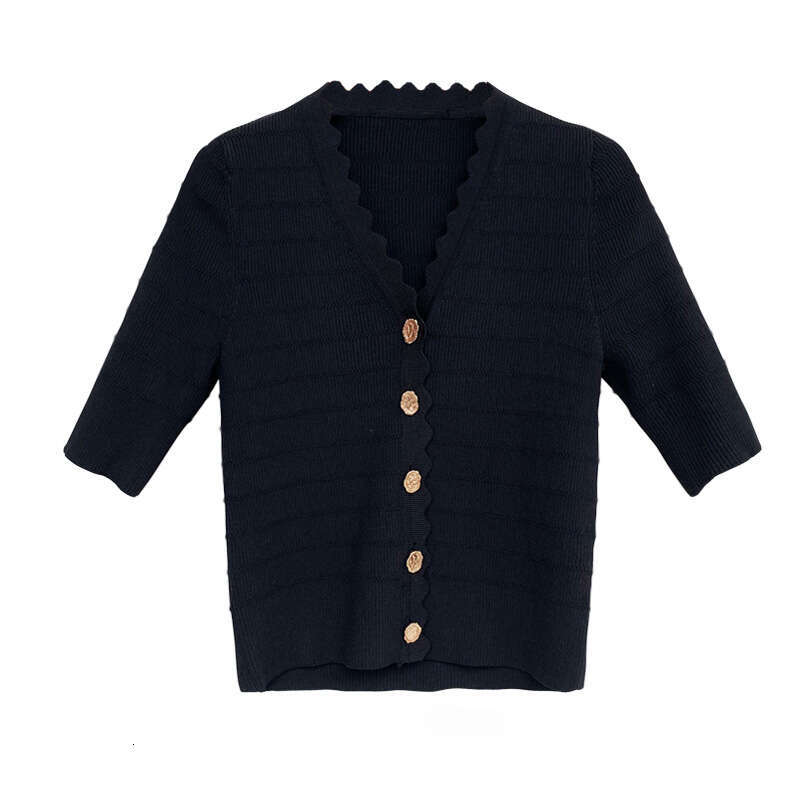 2026 designer women's niche exposed collar top summer V-neck short sleeved ice silk knitted cardigan short