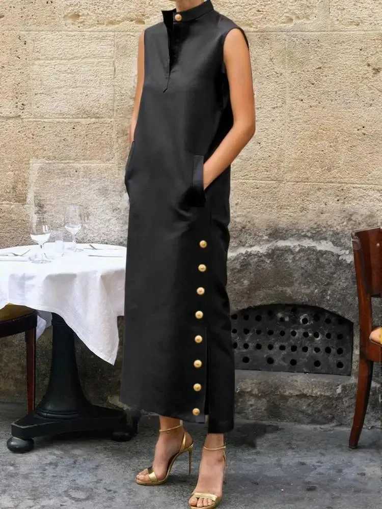 Womens 2026 New Sleeveless Stand Collar Black Dress Gold Side Buttons Pockets Elegant Evening Office Maxi DressesT260314