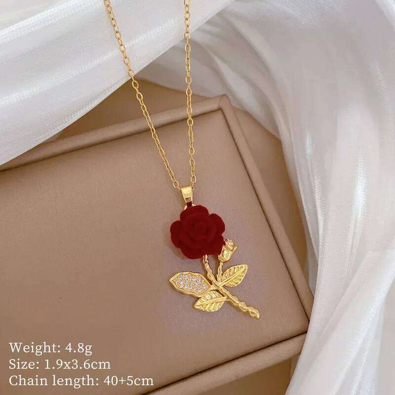 Fashion Red Rose Flower Pendant Necklace for Women Girls Stainless Steel Chain Party Accessories Vintage Y2K Jewelry Gifts H260312