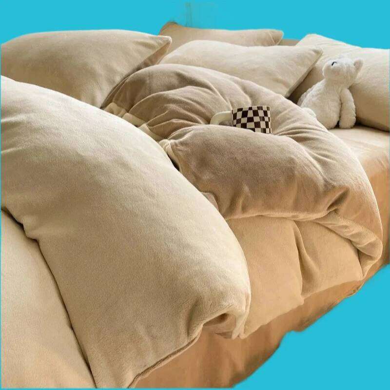 2025 new solid color double parcel milk four-piece winter flange coral fleece quilt cover bed sheet set H260312 - view 7