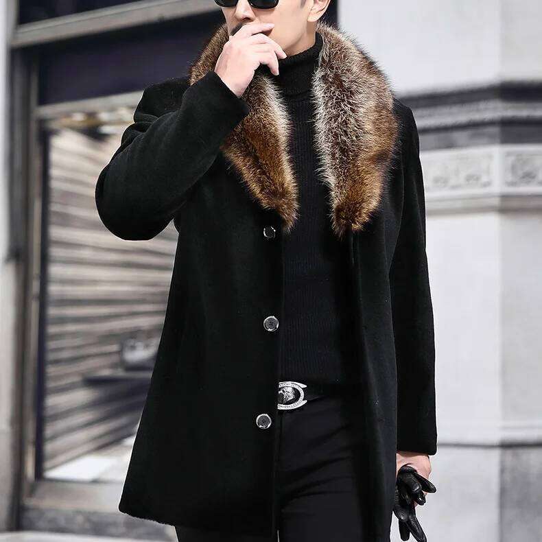 Winter Man Jacket Thicken Mid Length Fur Turn Down Collar Male Over Coat Single-breasted Long Sleeve Daily Men Windbreaker Z260313