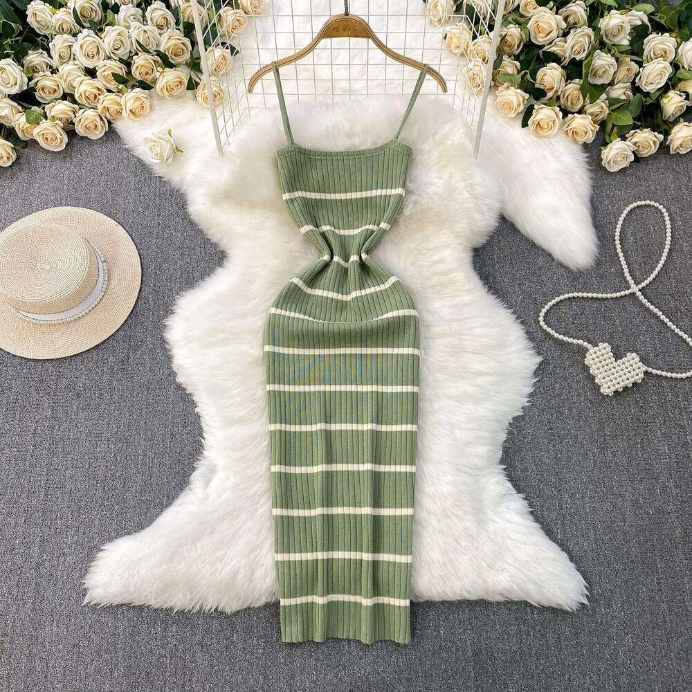 2026 European and American sexy backless camisole dress summer new elastic striped knitted slim fit