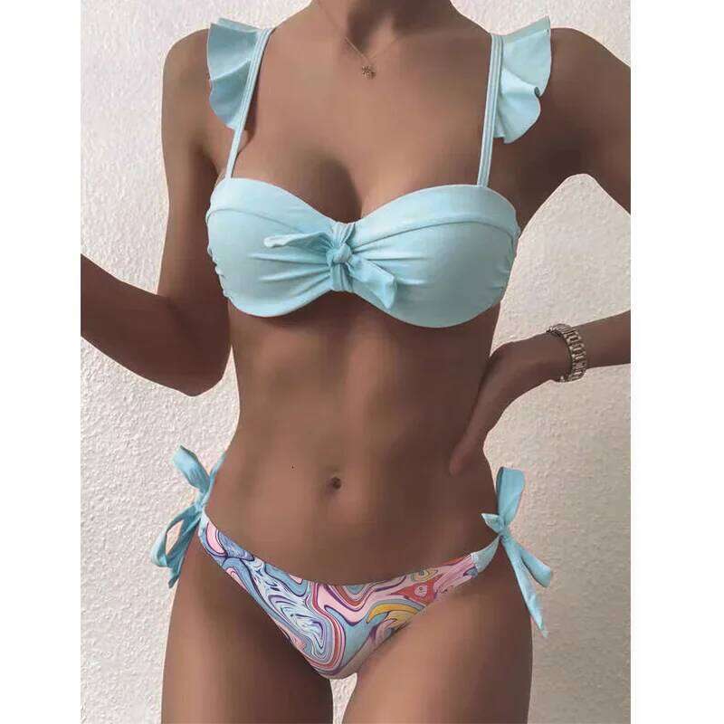 Cacocala 2024 Summer New Striped Lace Ruffle Women Bandeau Swimsuit Female Swimwear Bra Cup Bikini Set High Cut Bathing Suit Y260303