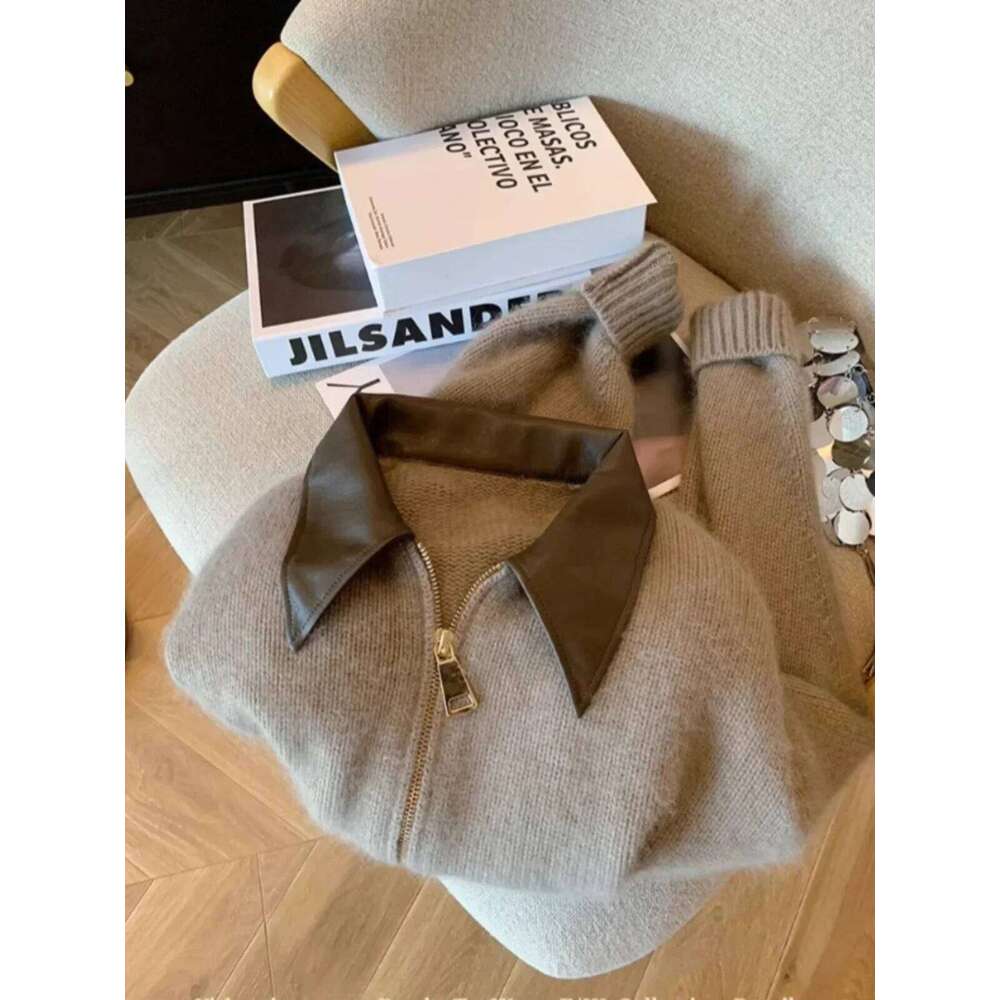 Women Leather Collar Patchwork Double Zipper Knit Graceful Fit Temperament Outer Wear Lapel Knitted Cardigan Jacket Z260314