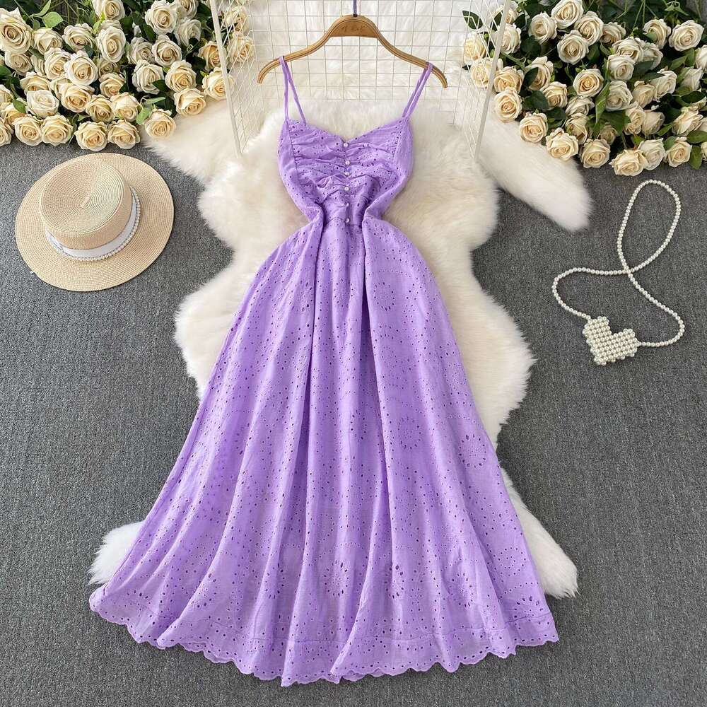 Designer women's French soft A17 pink V-neck vest skirt summer crochet hollow embroidery slim fit long skirt