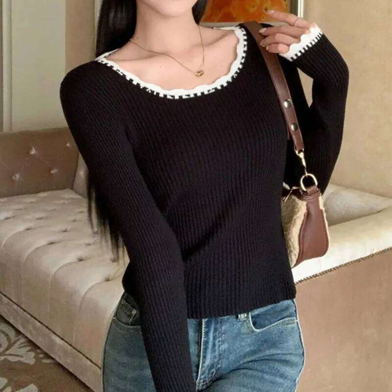 Women Rib Knit Pullover Sweater with Overlocked Trim Long Sleeve Slim-Fit Tops Jumper Spring Autumn Teen-girl Casual Knitwear Z260313
