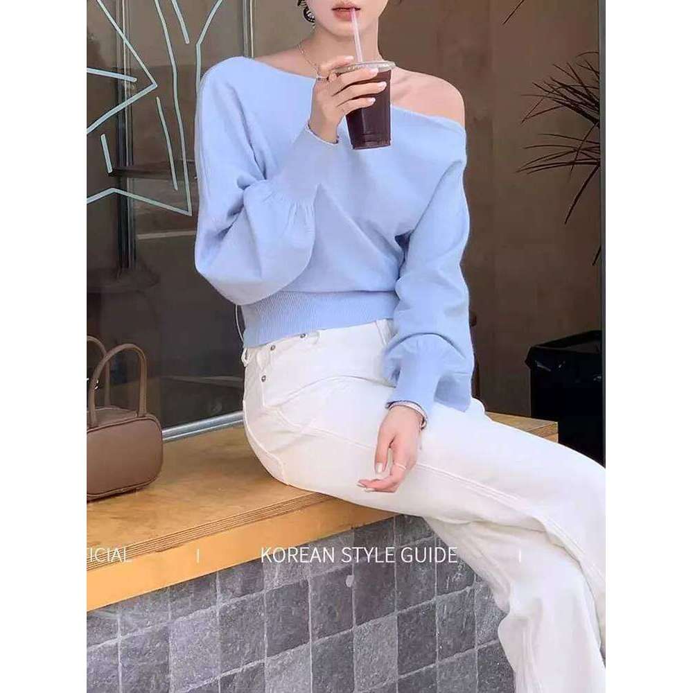 Boat Neck Long Knitwear Women Pullover Off shoulder Puff sleeve Sweater Spring Autumn Outwear Lady Casual Top Z260313