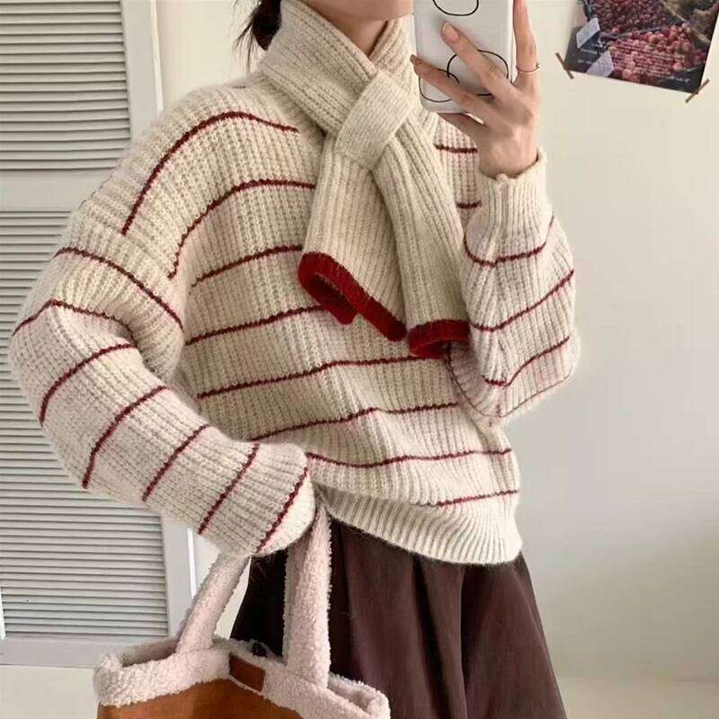 2025 Autumn Fashion Winter Pullover Stripe Sweater Warm Women Long Sleeve Scarf V-neck Elegant Loose Knitted Top Fall Knitwear Z260313