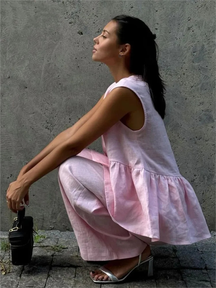 Summer Chic Womens Set Solid Color Cotton Linen Two Piece Set Fashion Ruffles Sleeveless Tank Top With Wide Pants Outfit Female 260309