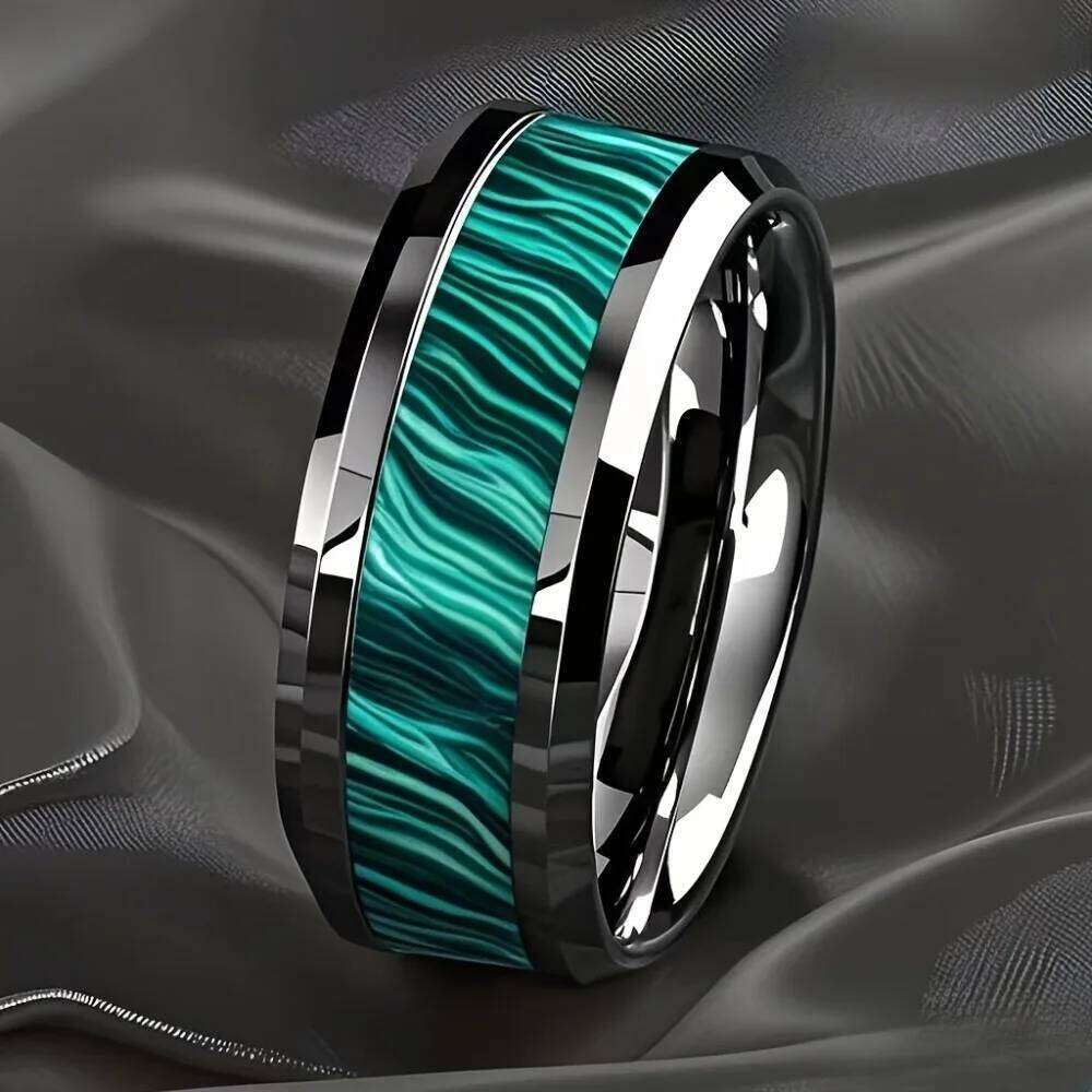 Wholesale 8MM Imitation of Peacock Stone Inlay Men's Stainless Rings Silver Color Wedding Band Jewelry for Men Steel Ring H260312
