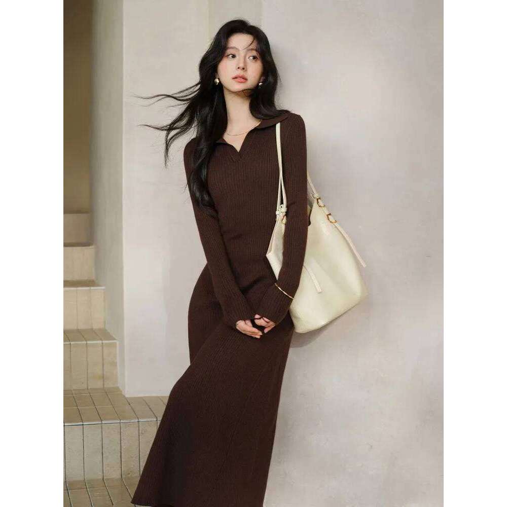 Women Elegant V Neck Ribbed Knit Maxi Lady Slim Fit Long Sleeve Sweater Dress Chic Casual Early Spring Daily Wear Style Z260314