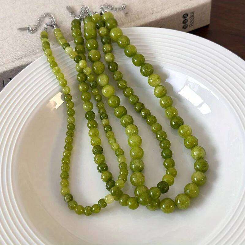 Boho Style French Green Agate and Aquamarine Necklace Handmade Beaded Collarbone Chain Natural Stone Layering H260312