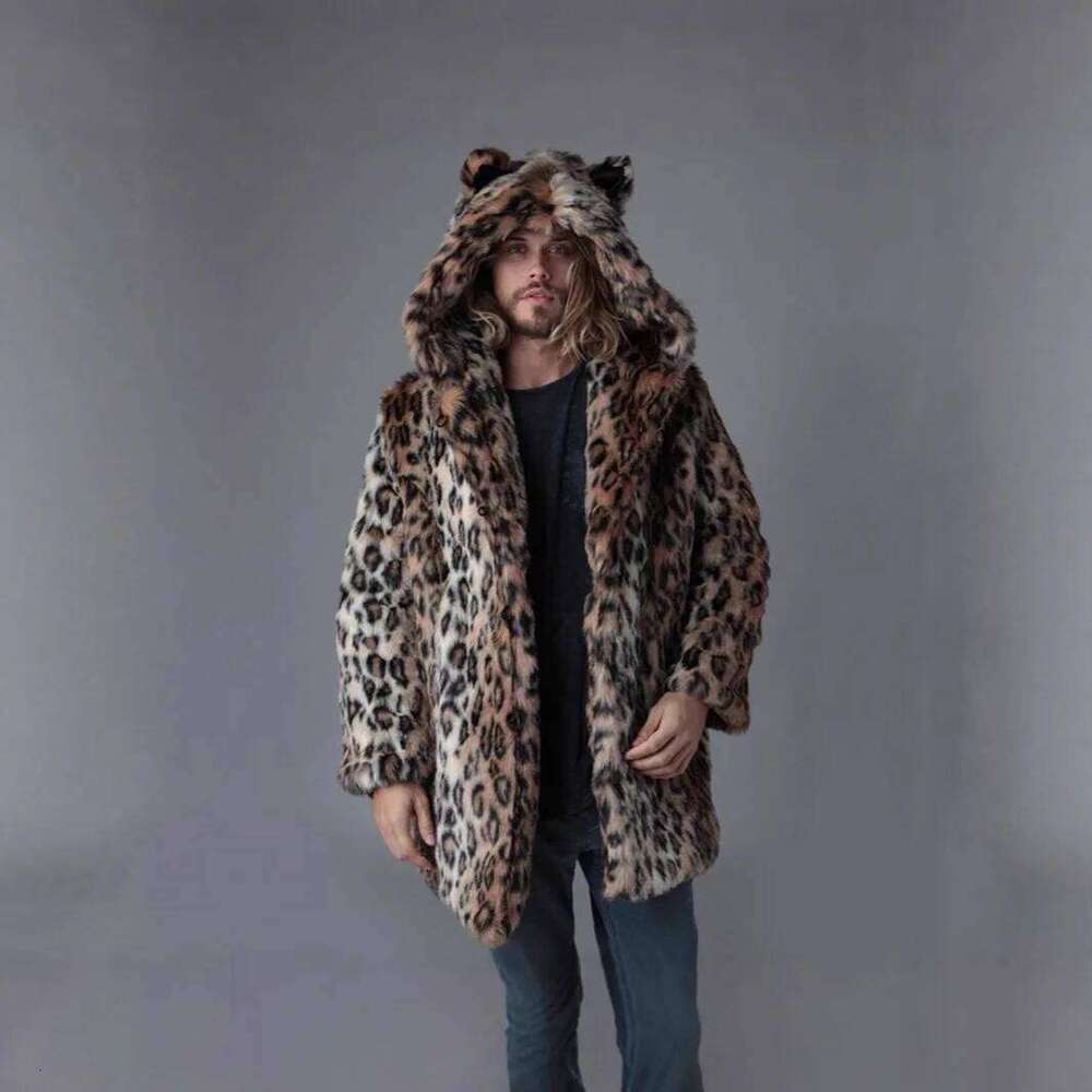 Men Faux Fur Jacket Winter Coat Thick Hooded Leopard Print Mid Length Warm Ears Overcoat Vintage Loose Casual 2025 Outerwear Z260313