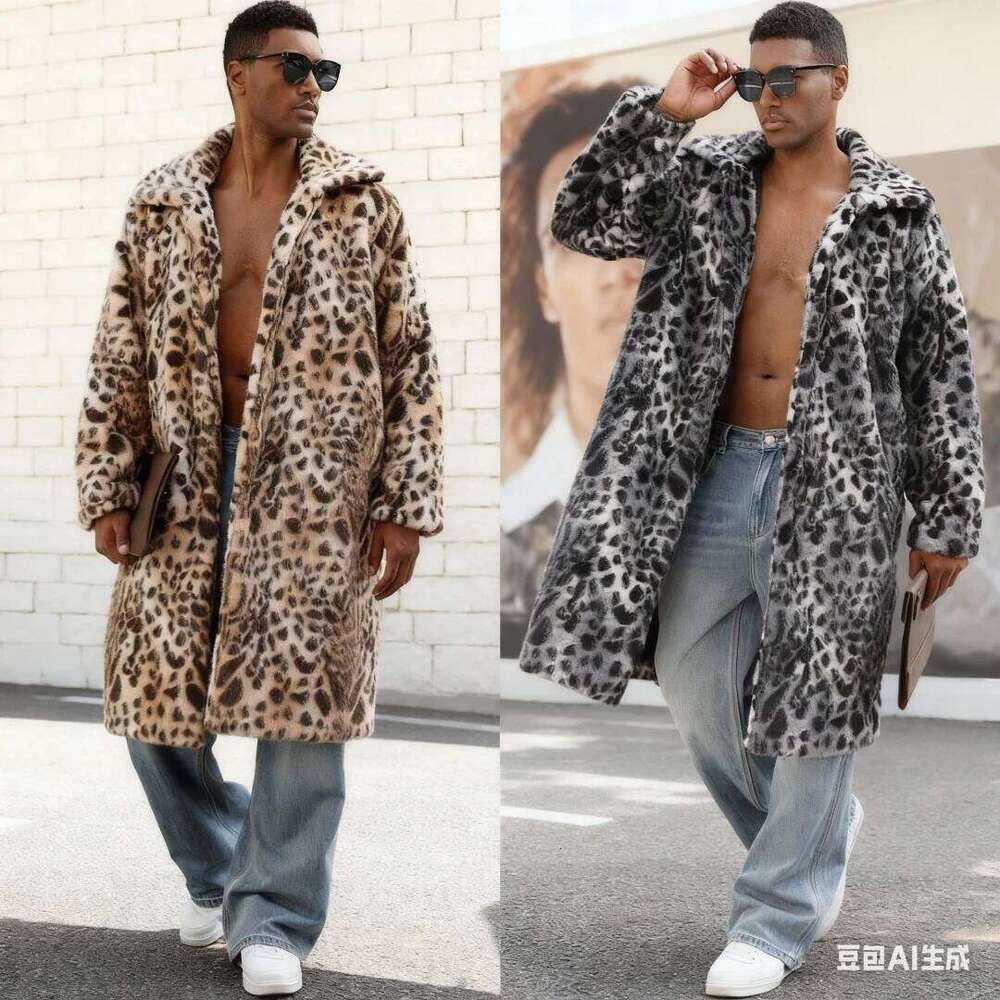 Men Faux Fur Coats Leopard Jackets Color Blocked Turn Down Collar Long Sleeve Single Breasted Straight Casual 2025 Autumn Winter Z260313