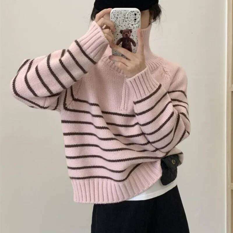 Polo Collared Striped Sweater Women Pullover Knitted Half Zip Jumper Autumn Winter Female Comfy Knitwear Casual Suter Ligero Z260313